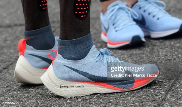 Detail of Eliud Kipchoge' shoes during the Nike Breaking2: Sub-Two Marathon Attempt at Autodromo di Monza on May 6, 2017 in Monza, Italy.