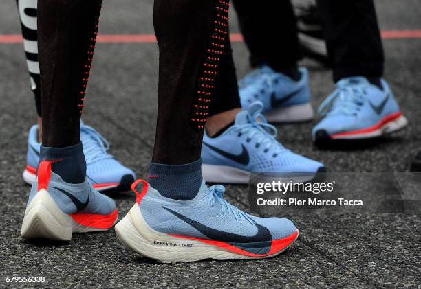 Detail of Eliud Kipchoge' shoes during the Nike Breaking2: Sub-Two Marathon Attempt at Autodromo di Monza on May 6, 2017 in Monza, Italy.