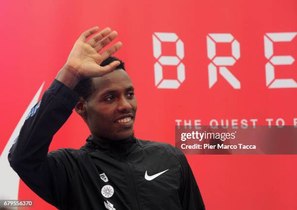 Lelisa Desisa celebrates during the Nike Breaking2: Sub-Two Marathon Attempt at Autodromo di Monza on May 6, 2017 in Monza, Italy.