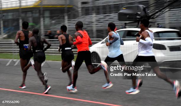 Eliud Kipchoge Zersenay Tadese and Lelisa Desisa run during the Nike Breaking2: Sub-Two Marathon Attempt at Autodromo di Monza on May 6, 2017 in...