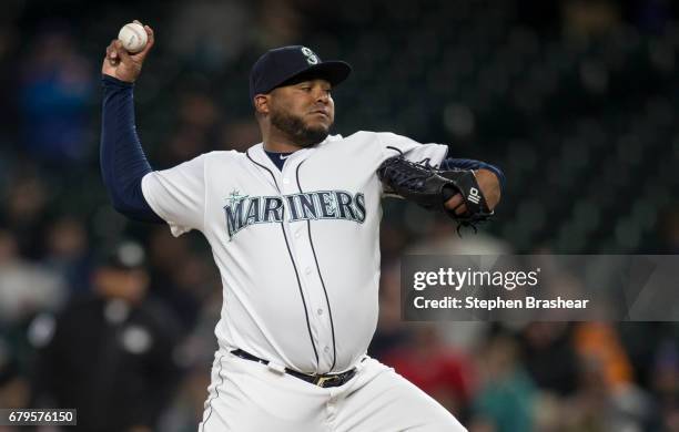 Reliever Jean Machi of the Seattle Mariners delivers a pitch during a game against the Los Angeles Angels of Anaheim at Safeco Field on May 2, 2017...