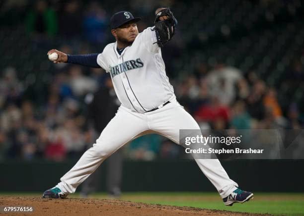 Reliever Jean Machi of the Seattle Mariners delivers a pitch during a game against the Los Angeles Angels of Anaheim at Safeco Field on May 2, 2017...