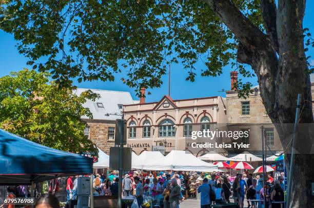 The Saturday Salamanca Market at Salamanca Place in Hobart, Tasmania. The arts and crafts market is one of the island's biggest tourist attractions;...