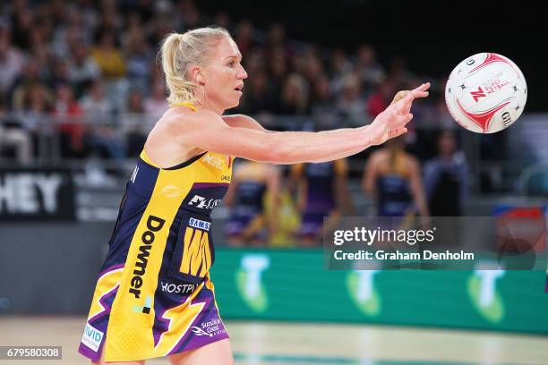 Laura Langman of the Lightning in action during the round 11 Super Netball match between the Magpies and the Lightning at Hisense Arena on May 6,...