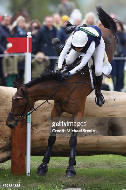 Willa Newton of Great Britain riding Chance Remark falls at fence fifteen during the Cross Country test on day four of Badminton Horse Trials on May...
