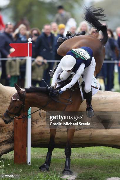 Willa Newton of Great Britain riding Chance Remark falls at fence fifteen during the Cross Country test on day four of Badminton Horse Trials on May...