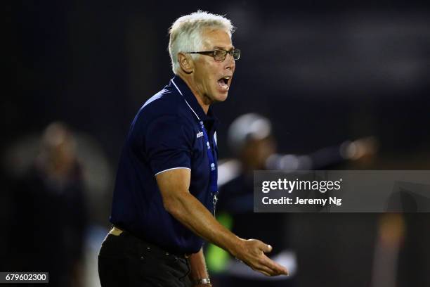 Newly appointed Sutherland Sharks coach and former Socceroo Grant Lee instructs his players during the round nine Men's NSW NPL match between Sydney...