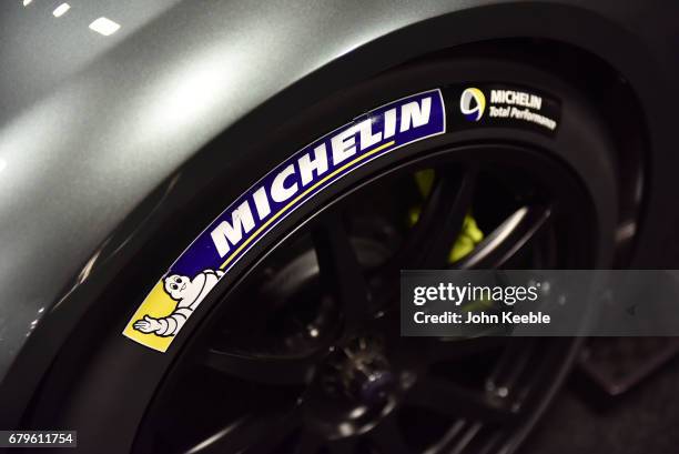 Michelin branding on a tyre fitted to an Aston Martin Valkyrie hypercar on display at the London Motor Show at Battersea Evolution on May 4, 2017 in...