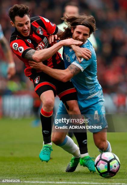 Bournemouth's English defender Adam Smith vies with Stoke City's Welsh midfielder Joe Allen during the English Premier League football match between...