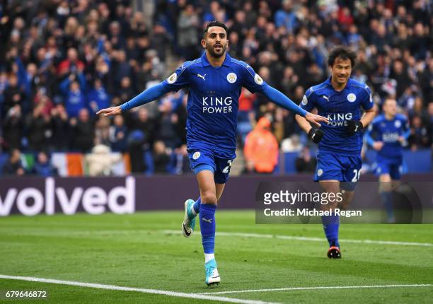 Riyad Mahrez of Leicester City celebrates scoring his sides second goal during the Premier League match between Leicester City and Watford at The...