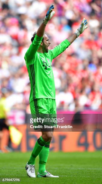 Tom Starke of Muenchen reacts after saving a penalty during the Bundesliga match between Bayern Muenchen and SV Darmstadt 98 at Allianz Arena on May...