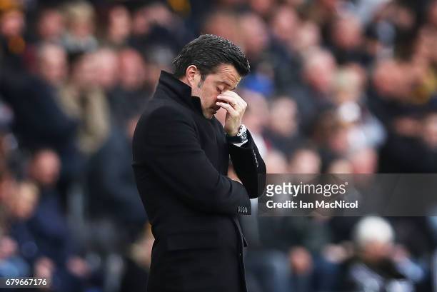 Hull City manager Marco Silva reacts during the Premier League match between Hull City and Sunderland at KCOM Stadium on May 6, 2017 in Hull, England.