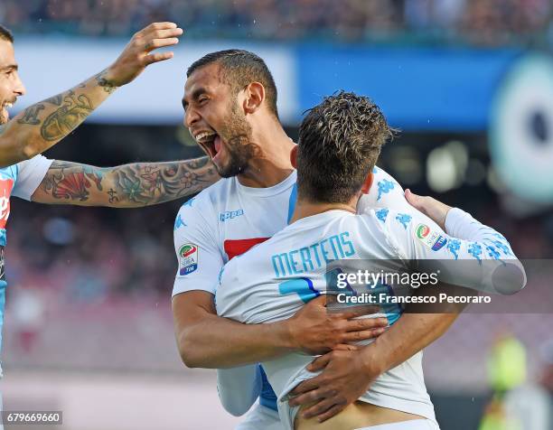 Faouzi Ghoulam and Dries Mertens of SSC Napoli celebrate the 1-0 goal scored by Dries Mertens during the Serie A match between SSC Napoli and...