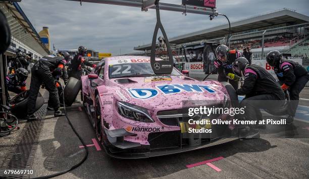 Lucas Auer of Mercedes-AMG DTM Team HWA at the pit stop during the DTM Race Session 1 at the Hockenheimring during Day 0 of the DTM German Touring...