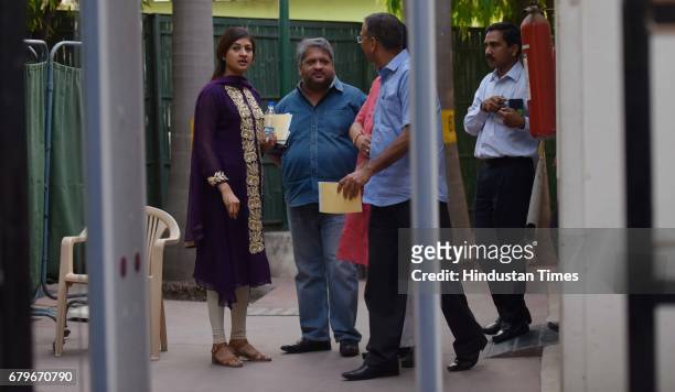 MLAs Alka Lamba, Adarsh Shastri with others coming out after the Aam Aadmi Party MLAs meeting at Delhi CM Arvind Kejriwal House, on May 6, 2017 in...