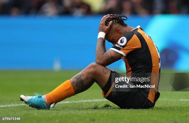 Abel Hernandez of Hull City reacts during the Premier League match between Hull City and Sunderland at KCOM Stadium on May 6, 2017 in Hull, England.