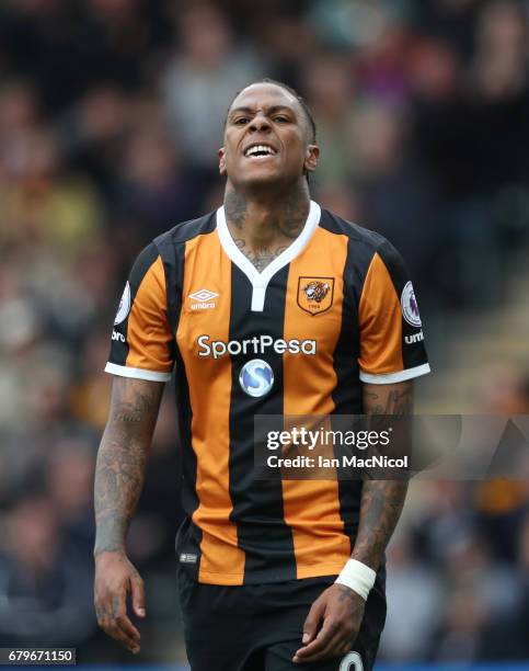 Abel Hernandez of Hull City reacts during the Premier League match between Hull City and Sunderland at KCOM Stadium on May 6, 2017 in Hull, England.