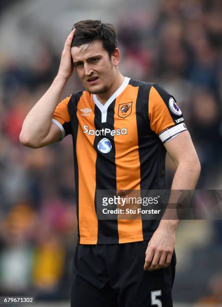 Hull captain Harry Maguire reacts during the Premier League match between Hull City and Sunderland at KCOM Stadium on May 6, 2017 in Hull, England.
