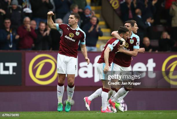 Sam Vokes of Burnley celebrates scoring his sides second goal during the Premier League match between Burnley and West Bromwich Albion at Turf Moor...