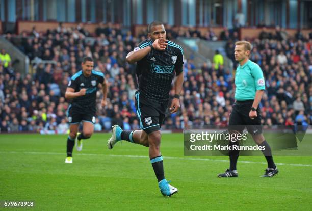 Jose Salomon Rondon of West Bromwich Albion celebrates scoring his sides first goal during the Premier League match between Burnley and West Bromwich...