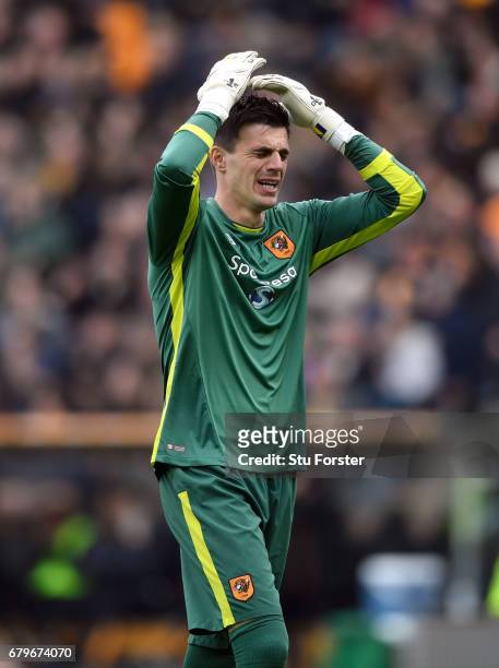 Hull goalkeeper Eldin Jakupovic reacts during the Premier League match between Hull City and Sunderland at KCOM Stadium on May 6, 2017 in Hull,...