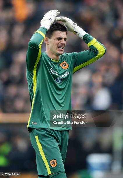 Eldin Jakupovic of Hull City reacts during the Premier League match between Hull City and Sunderland at the KCOM Stadium on May 6, 2017 in Hull,...