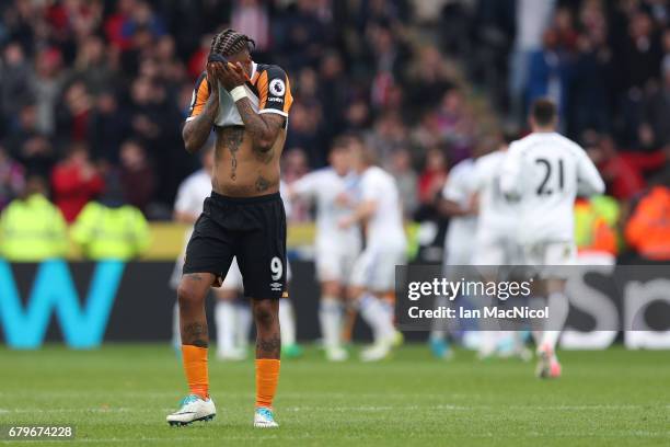Abel Hernandez of Hull City reacts during the Premier League match between Hull City and Sunderland at the KCOM Stadium on May 6, 2017 in Hull,...