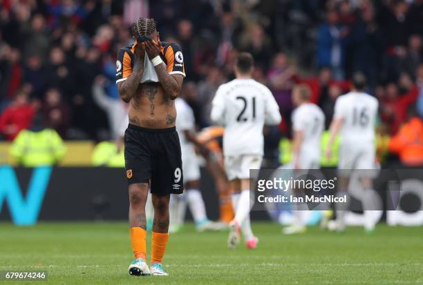Abel Hernandez of Hull City reacts after the Premier League match between Hull City and Sunderland at the KCOM Stadium on May 6, 2017 in Hull,...