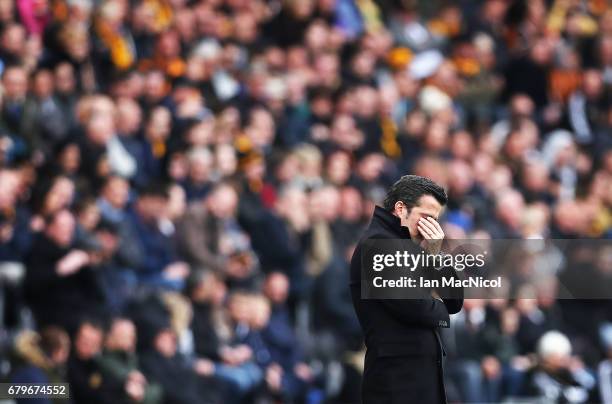 Hull City manager Marco Silva reacts during the Premier League match between Hull City and Sunderland at KCOM Stadium on May 6, 2017 in Hull, England.