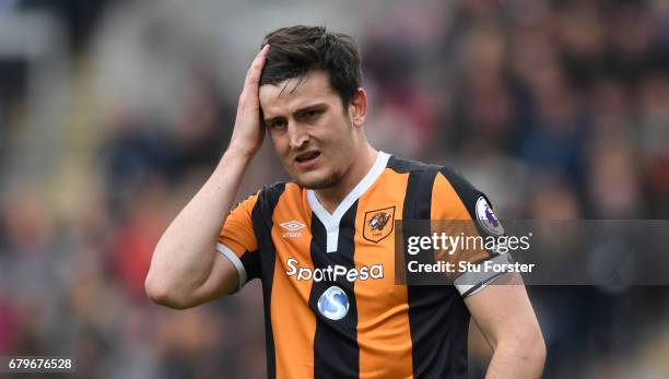 Hull captain Harry Maguire reacts during the Premier League match between Hull City and Sunderland at KCOM Stadium on May 6, 2017 in Hull, England.