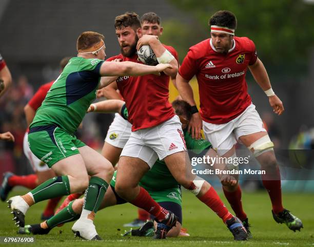 Munster , Ireland - 6 May 2017; Rhys Marshall of Munster steps inside Shane Delahunt of Connacht during the Guinness PRO12 Round 22 match between...