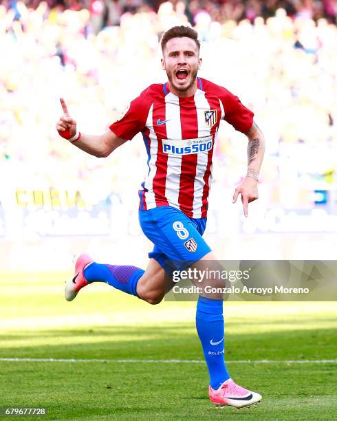 Saul Niguez of Atletico de Madrid celebrates scoring their opening goal during the La Liga match between Club Atletico de Madrid and SD Eibar at...