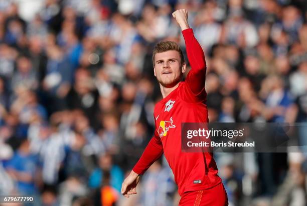 Timo Werner of RB Leipzig celebrates after scoring his team's first goal during the Bundesliga match between Hertha BSC and RB Leipzig at...