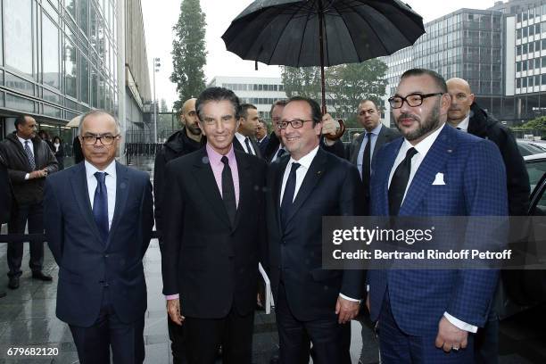 Ambassador of Marocco in France Chakib Benmoussa, President of I.M.A. Jack Lang, French President Francois Hollande and Morocco's King Mohammed VI...