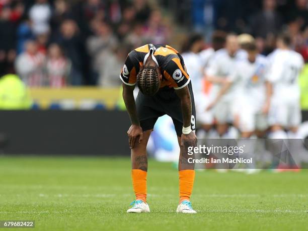 Abel Hernandez of Hull City reacts during the Premier League match between Hull City and Sunderland at the KCOM Stadium on May 6, 2017 in Hull,...