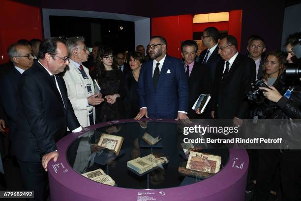 French President Francois Hollande, Morocco's King Mohammed VI and President of Institut du Monde Arabe Jack Lang visit 'Tresor de l'Islam en...