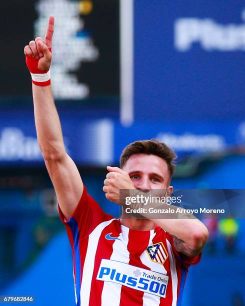 Saul Niguez of Atletico de Madrid celebrates scoring their opening goal during the La Liga match between Club Atletico de Madrid and SD Eibar at...