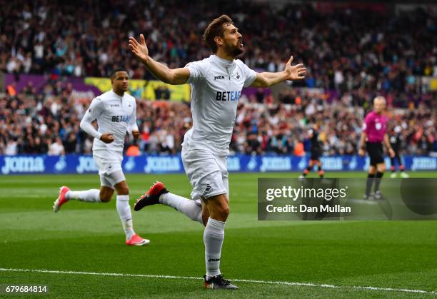 Fernando Llorente of Swansea City celebrates scoring his sides first goal during the Premier League match between Swansea City and Everton at the...