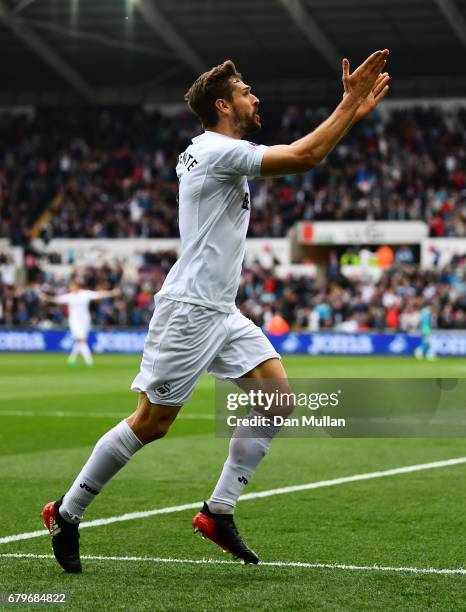 Fernando Llorente of Swansea City celebrates scoring his sides first goal during the Premier League match between Swansea City and Everton at the...