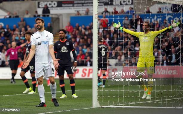 Fernando Llorente of Swansea City shows his disapproval to a team mate not having passed the ball to him while Maarten Stekelenburg of Everton...