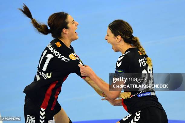 Sanja Damnjanovic and Andrea Penezic of Macedonian HC Vardar celebrate their victory over Romanian CSM Bucaresti after the EHF Women's Champions...