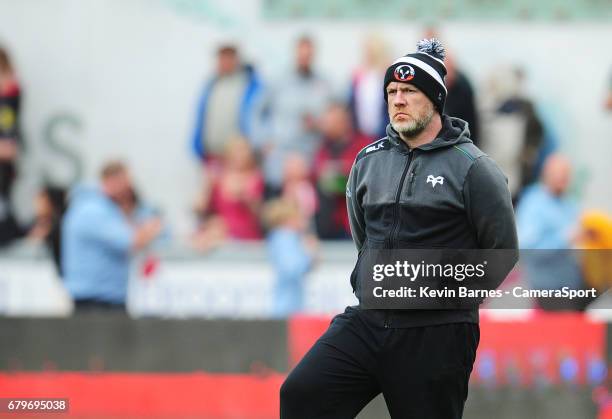 Ospreys' Head Coach Steve Tandy during the Guinness Pro12 Round 22 match between Scarlets and Ospreys at Parc y Scarlets on May 6, 2017 in Llanelli,...