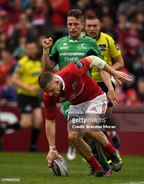 Munster , Ireland - 6 May 2017; Andrew Conway of Munster scores his side's fifth try during the Guinness PRO12 Round 22 match between Munster and...