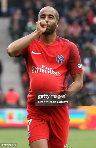 Lucas Moura of PSG celebrates his goal during the French Ligue 1 match between Paris Saint-Germain and SC Bastia at Parc des Princes stadium on May...