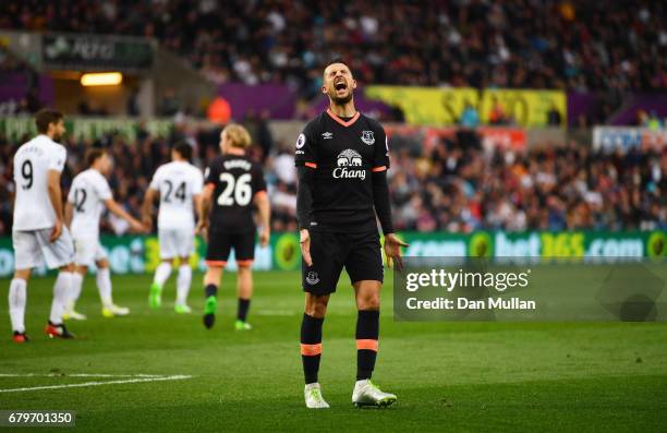 Kevin Mirallas of Everton reacts during the Premier League match between Swansea City and Everton at the Liberty Stadium on May 6, 2017 in Swansea,...