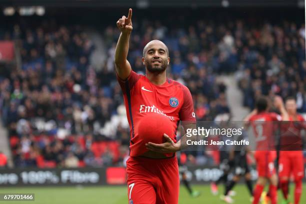 Lucas Moura of PSG celebrates his goal during the French Ligue 1 match between Paris Saint-Germain and SC Bastia at Parc des Princes stadium on May...