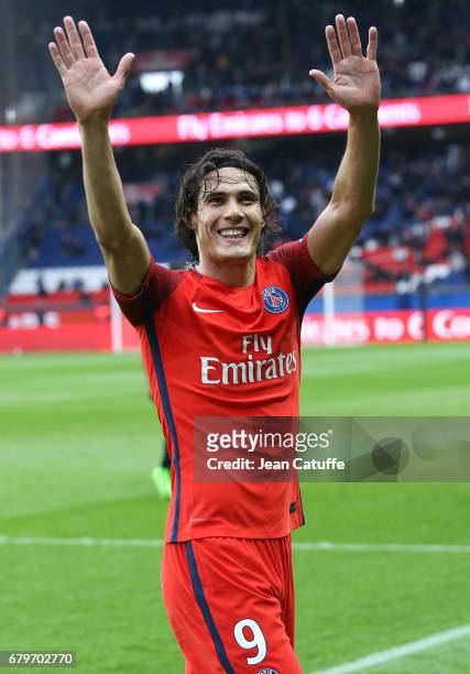 Edinson Cavani of PSG reacts during the French Ligue 1 match between Paris Saint-Germain and SC Bastia at Parc des Princes stadium on May 6, 2017 in...