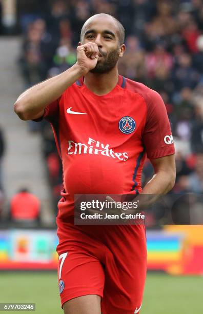 Lucas Moura of PSG celebrates his goal during the French Ligue 1 match between Paris Saint-Germain and SC Bastia at Parc des Princes stadium on May...