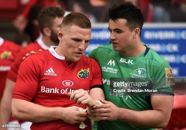 Munster , Ireland - 6 May 2017; Andrew Conway, left, of Munster with Cian Kelleher of Connacht after the Guinness PRO12 Round 22 match between...