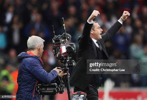 Paul Clement, Manager of Swansea City celebrates after the Premier League match between Swansea City and Everton at the Liberty Stadium on May 6,...